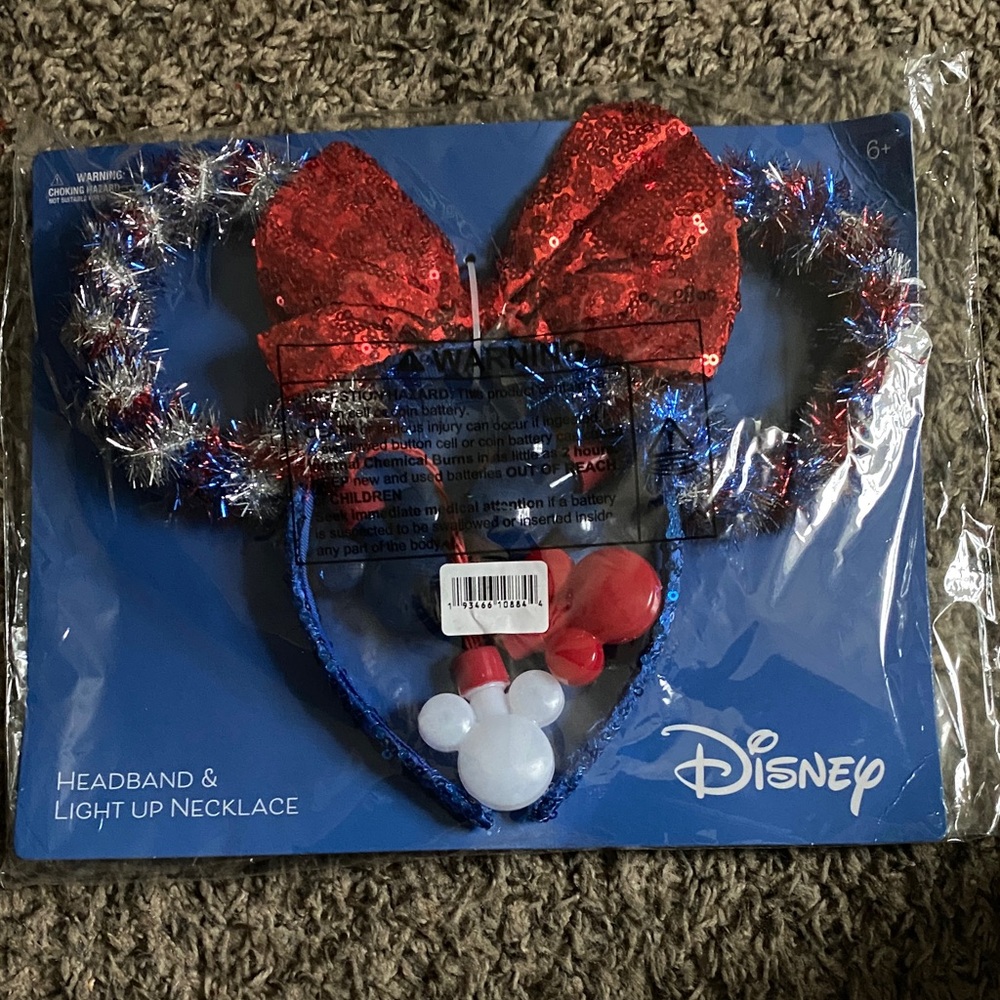 Disney Red and Blue Sequin Headband with Light-Up Mickey Necklace
